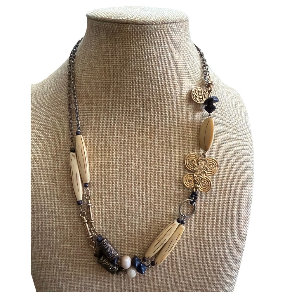 Mixed Media Long Necklace Gold Tone Butterfly Bone Beads Purple Accents Boho